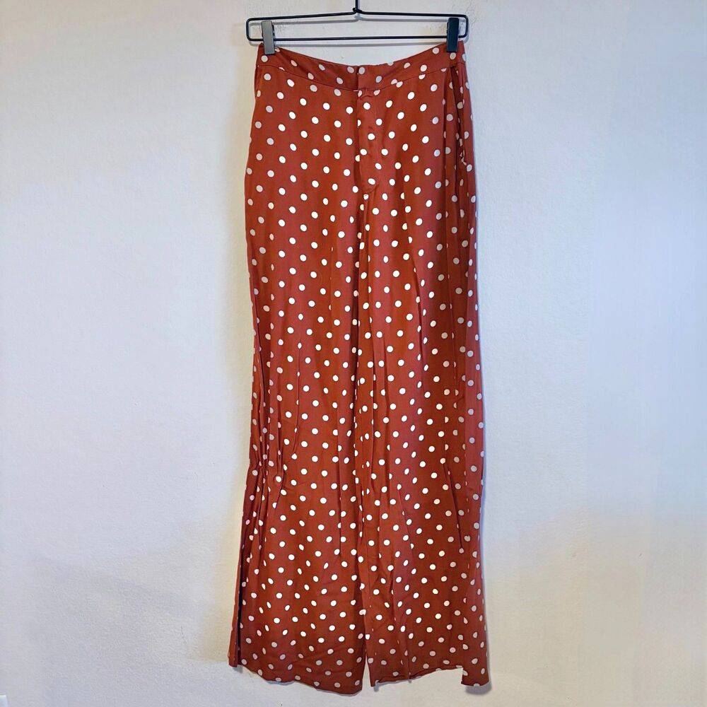 AMICHI Burnt Orange White Polka Dot High Waist Flare Wide Leg Pants Women Small